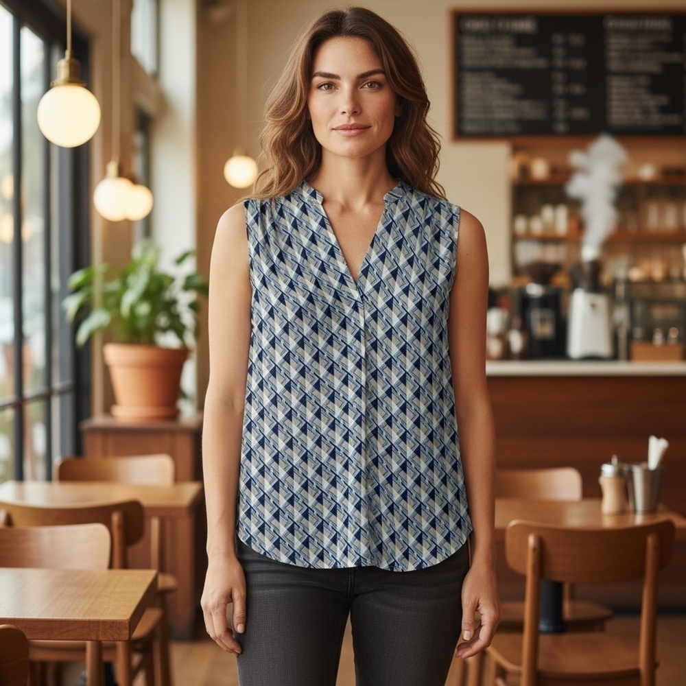 3/$18✨ Women's Medium Blue Pattern Sleeveless Casual Soft Hi-Low Work Blouse